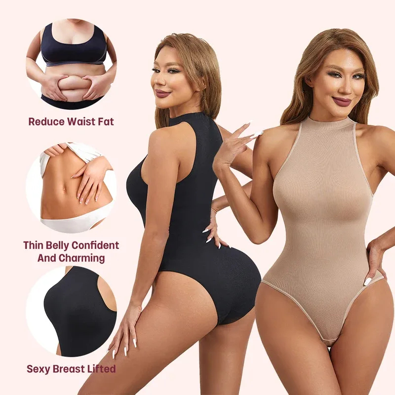 Shapewear Bodysuit Firm - ハイストレッチボディスーツ セクシー ノースリーブ クルーネック シェイプウェア ショーツ