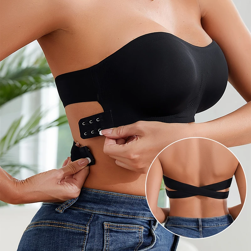 Push Up Bra Padded - 女性用、セクシーなストラップレス・プッシュアップブラ。パッドは取り外し可能。シームレスで、肌触りの良いアイスシルク素材。背中が美しく見える、滑り止め付きのオフショルダーブラ。