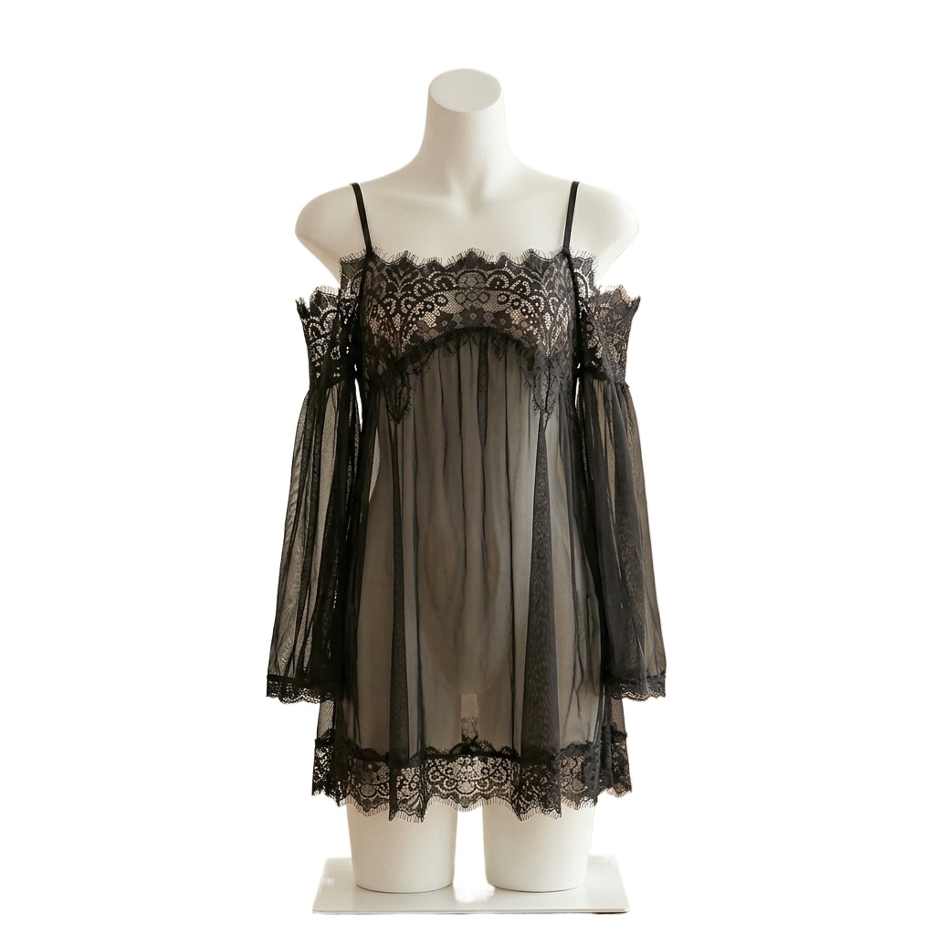 女性用、黒のレースがあしらわれたベビードール風ランジェリー。 - Babydoll Chemise Night のレビューと価格