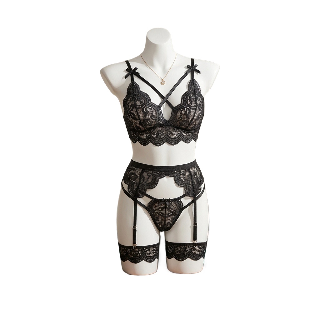 女性用、花柄レースのランジェリーセット。ストラップとパンティ - Garter Belt Set のレビューと価格