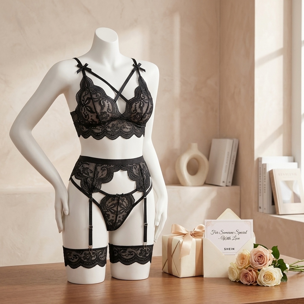 女性用、花柄レースのランジェリーセット。ストラップとパンティ - Garter Belt Set のレビューと価格