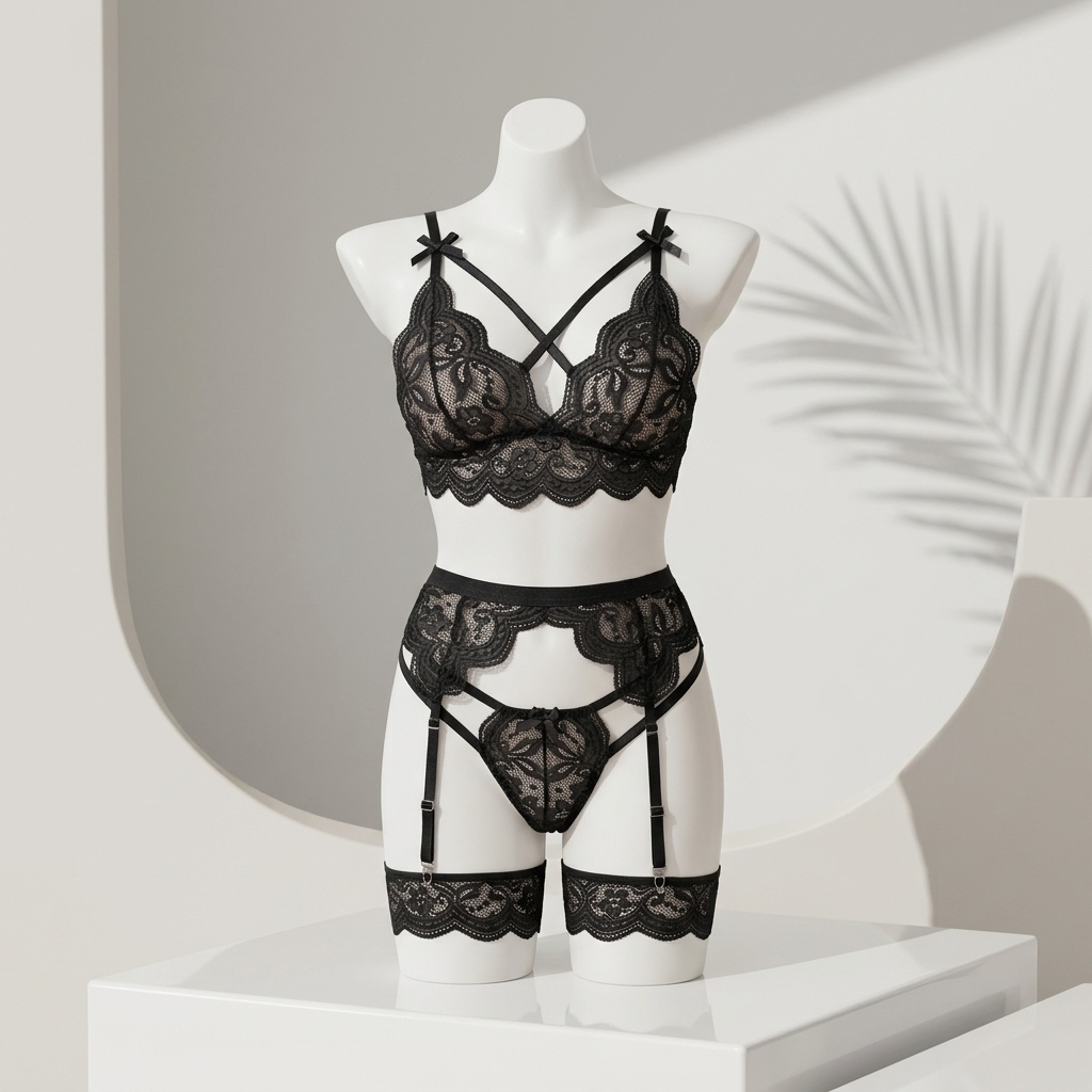 女性用、花柄レースのランジェリーセット。ストラップとパンティ - Garter Belt Set のレビューと価格
