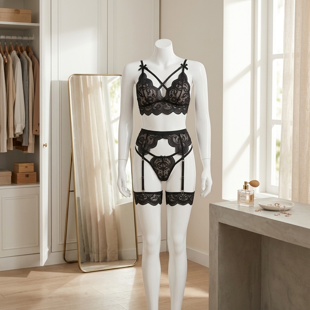 女性用、花柄レースのランジェリーセット。ストラップとパンティ - Garter Belt Set のレビューと価格