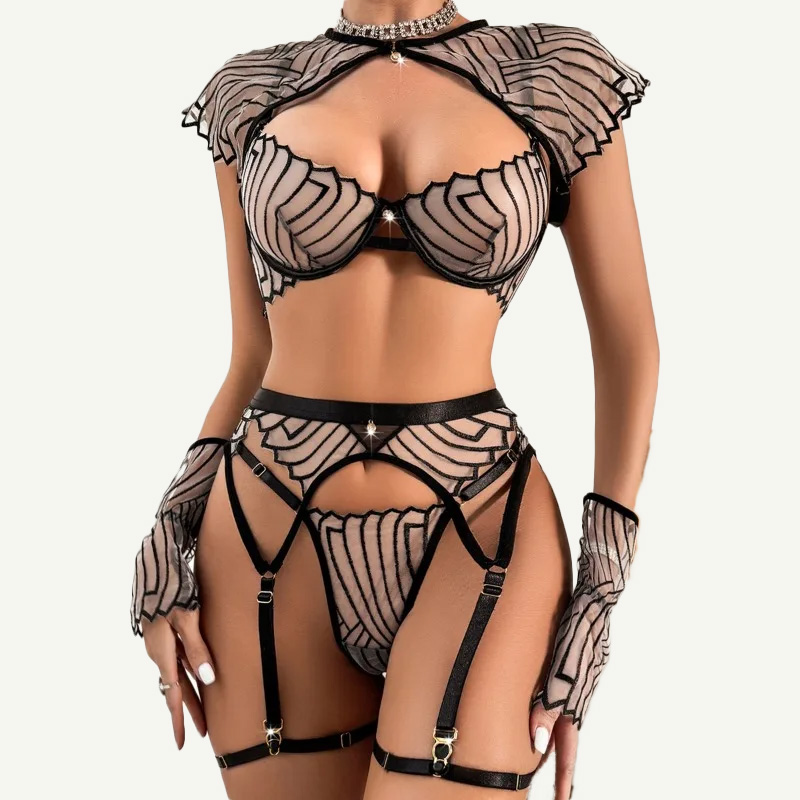 女性用ブラック幾何学模様刺繍ブラ＆パンティーランジェリーセッ - Garter Belt Set のレビューと価格