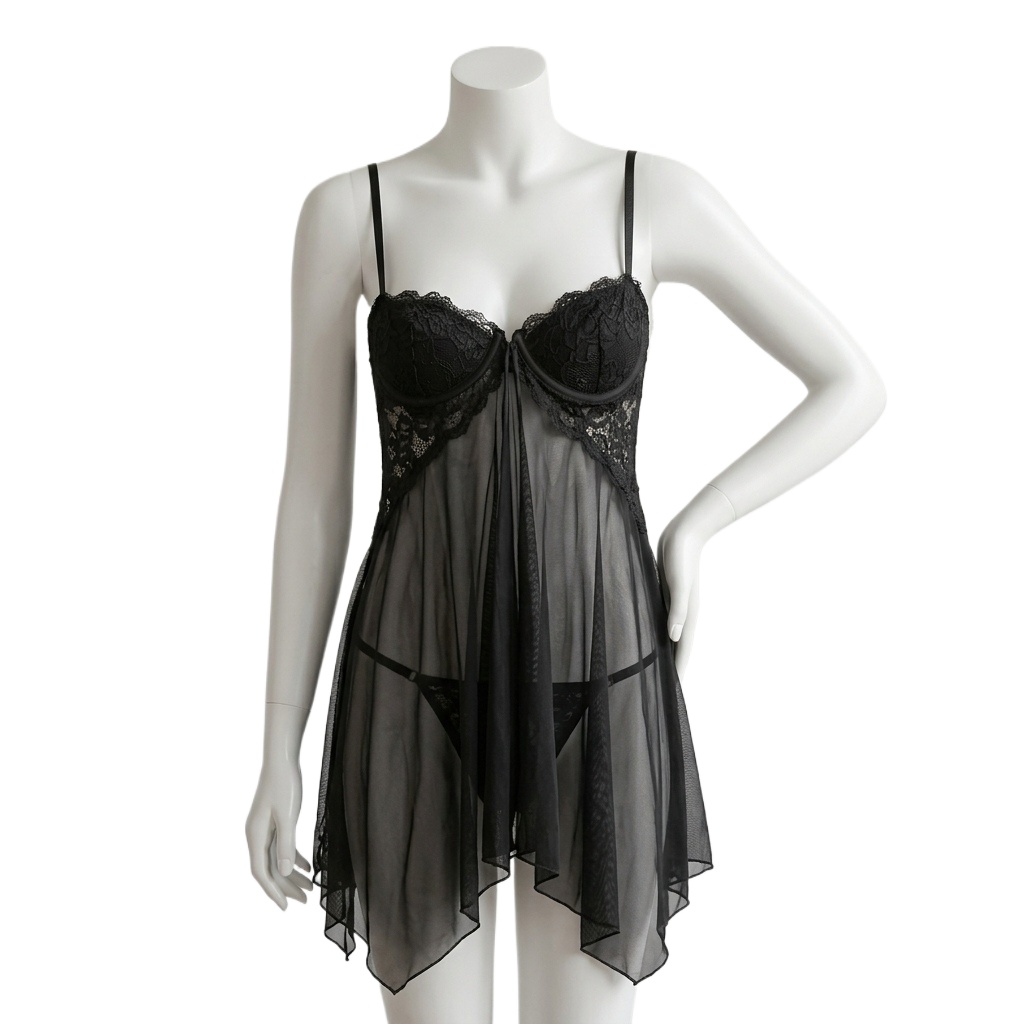 女性用、レースがあしらわれたベビードール風ランジェリー。透け - Babydoll Chemise Night のレビューと価格