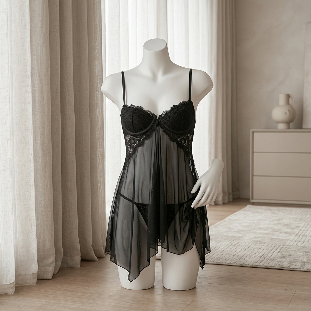 女性用、レースがあしらわれたベビードール風ランジェリー。透け - Babydoll Chemise Night のレビューと価格